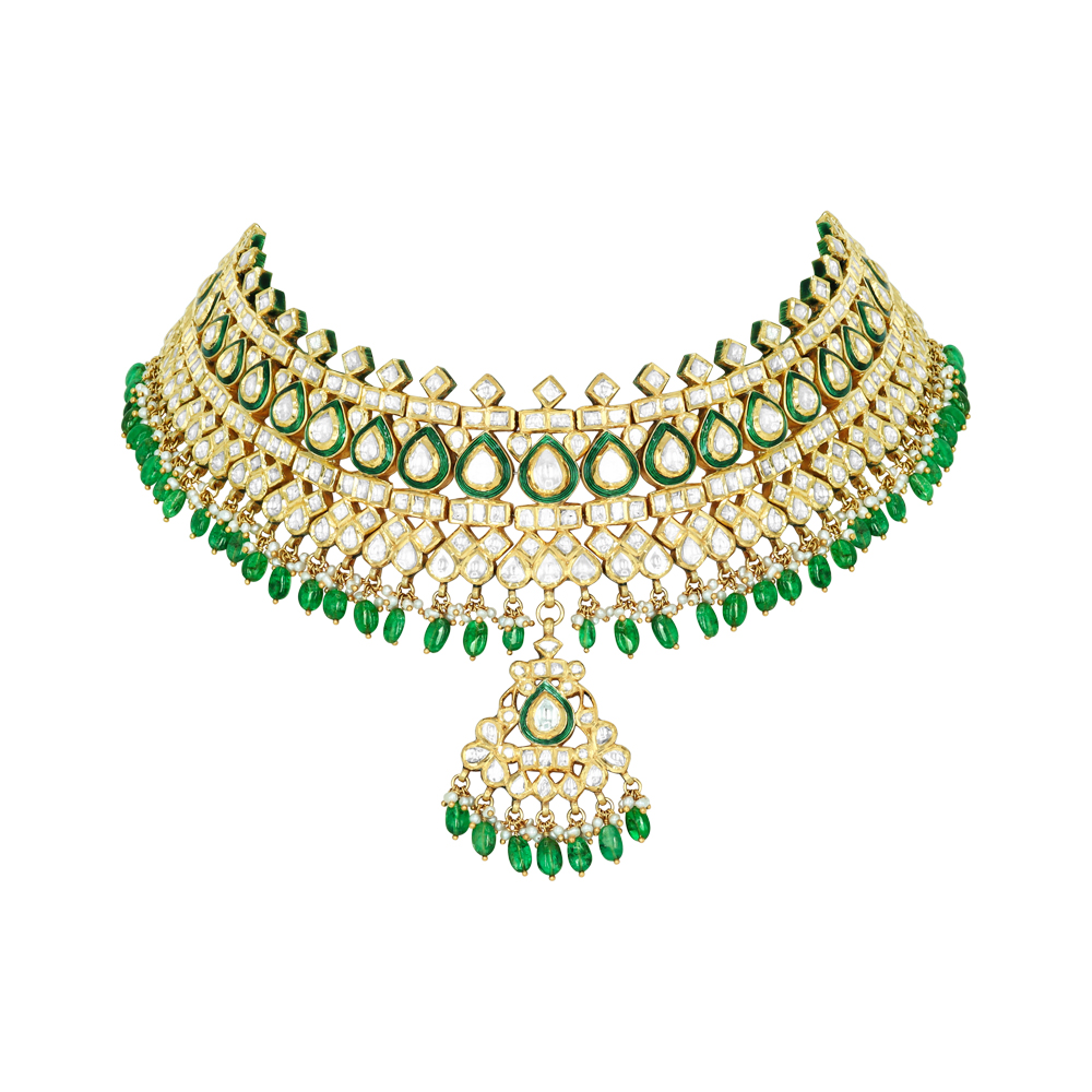 Polki Choker with Green Meenakari and Emerald Maniya